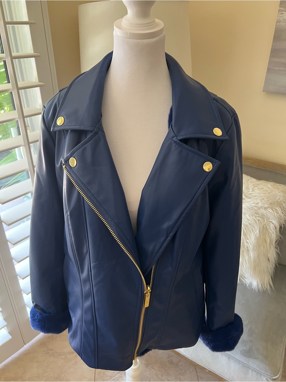 IMAN Cobalt Blue Faux Leather Moto Jacket with Gold Hardware